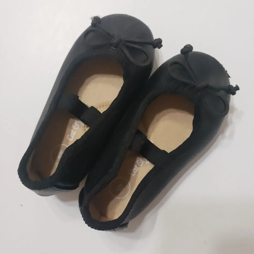 Cat and Jack Ballet Shoes Black Girls 4 Flat Comfort‎ Slip On String Bow
